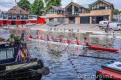 Girls rowing at Queen`s College and Magdalene Boat Clubs, Cambridge, England, 21st of May 2017 Editorial Stock Photo