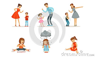 Upset girls sit and parents scold children. Vector illustration. Vector Illustration