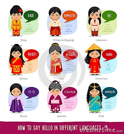 Girls saying hello in foreign languages. Vector Illustration