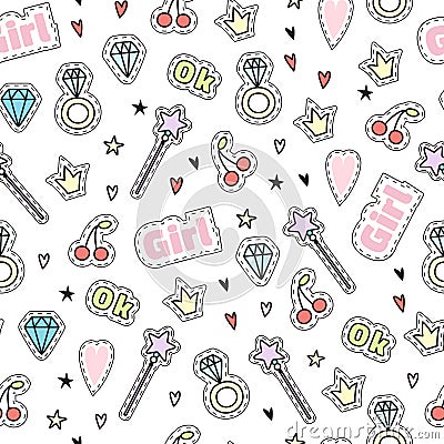 Girls seamless vector pattern with magic objects Vector Illustration