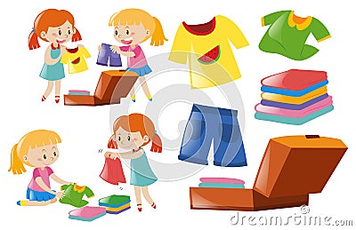 Girls and set of clothes Vector Illustration