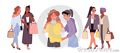 Girls shopping set, fashion shop sale, happy stylish characters walk with shopping bags Vector Illustration