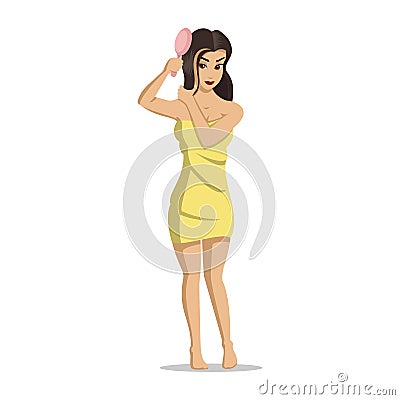 Girls after a shower. Woman face skin care. Girl dries hair. Girl is brushing her hair. Vector illustration. Vector Illustration
