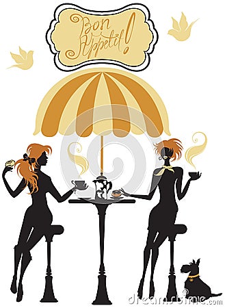 Girls silhouettes, Illustration of two young women drinking coffee and chatting on Paris street cafe. Elements for restaurant, ba Vector Illustration