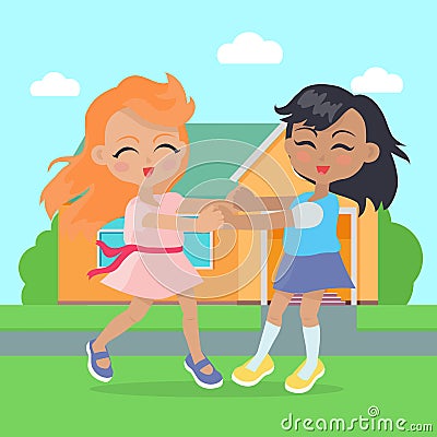 Girls Singing, Dancing in Ring near Cottage House. Vector Illustration