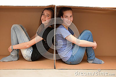 Girlfriends separated through moving boxes Stock Photo
