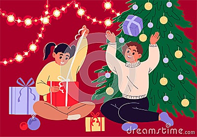 Girls sitting beside christmas tree playing with their gift boxes. Vector Illustration