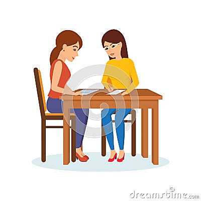 Girls sitting at table decide working moments, discuss, exchange materials. Vector Illustration