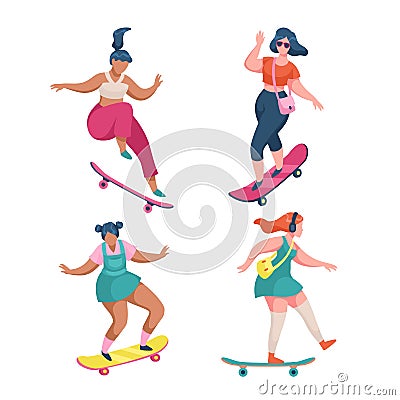 Girls skateboarders. Young women riding skateboards. Cartoon female characters skateboarding outdoor. People jumping and Vector Illustration