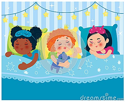 Girls sleeping in bed after a pajama party. Children of different nationalities. Can be used for invitations, flyers and banners. Vector Illustration