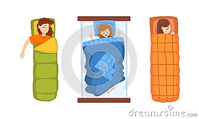 Girls Sleeping in their Beds Set, View From Above of People Resting at Night Cartoon Vector Illustration Vector Illustration