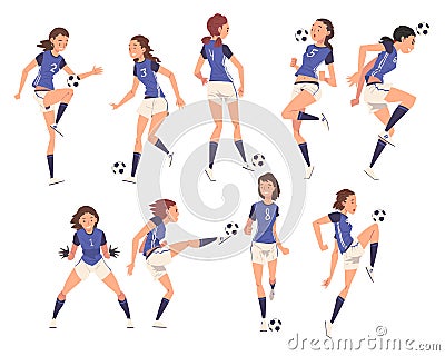 Girls Soccer Players Characters Collection, Young Women in Sports Uniform Playing Football, Female Athletes Kicking the Vector Illustration