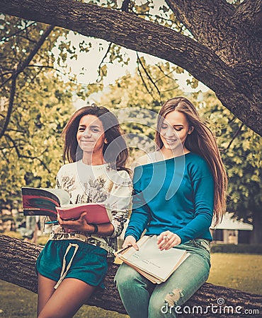 Girls students in a city park Stock Photo