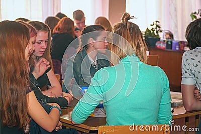 Girls students in the classroom at their desks Editorial Stock Photo