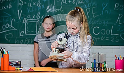 Girls study chemistry in school. Biology and chemistry lessons. Theory and practice. Observe chemical reactions. Formal Stock Photo