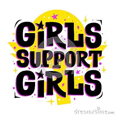 Girls support girls with venus mirror gender sign. Vector feminist slogan. Hand drawn lettering. Vector Illustration