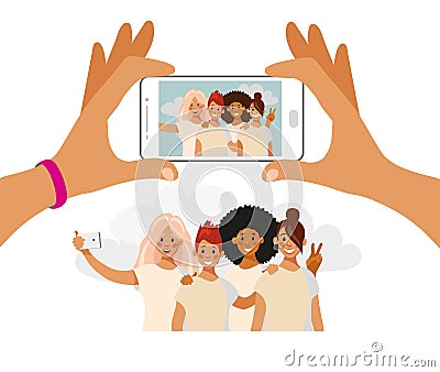 Girls take a photo on the phone. A group of friends of different nationalities is photographed. Selfie best friends Vector Illustration