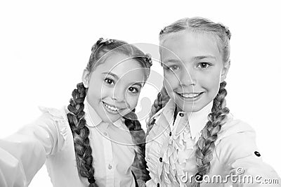 Girls taking photo. Selfie for social networks blog. Best friends forever. Say cheese. Personal blog. Capturing moment Stock Photo