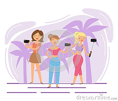 Girls talking selfie banner flat vector illustration. Summer beach vacation concept on seaside, tropical holiday. Tanned Vector Illustration