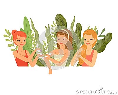 Girls test cosmetics from plants, organic herbs, natural creams flat vector illustration isolated on white background. Vector Illustration