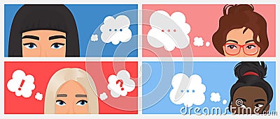 Girls think with bubbles above heads set, curious young female characters reflect Vector Illustration