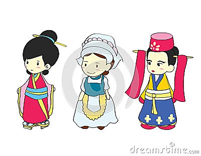 Girls in traditional costume of Asian country Vector Illustration