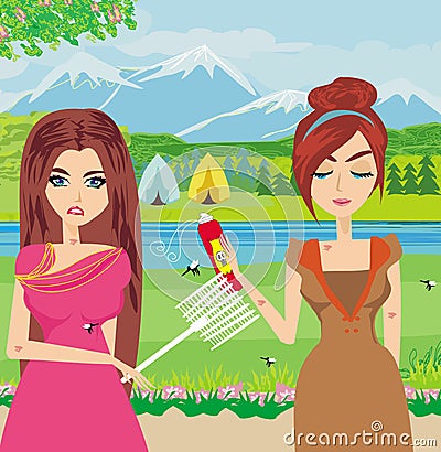 Girls trying to kill a mosquito Vector Illustration