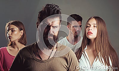 Girls with two men. Love relations of people. Hopes and wishes. depression and suicidal tendencies family psychologist Stock Photo