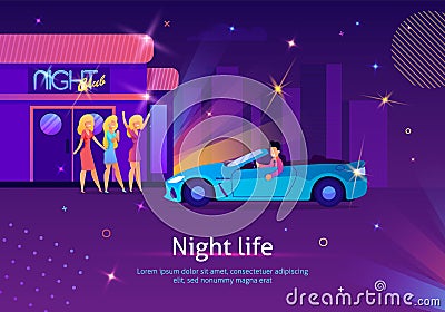 Girls Waiting for Man in Car near Night Club. Vector Illustration