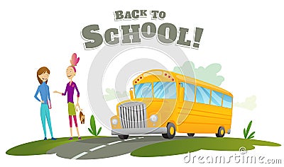 Girls waiting for transport. Classic american old school bus. Back to school. Ride on road. Free travel. Color vector Vector Illustration