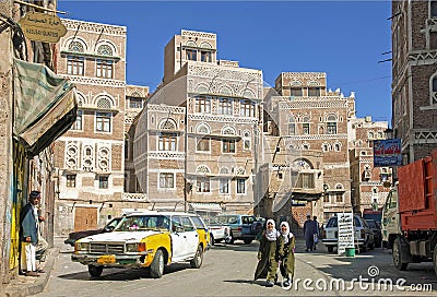 Girls walking in sanaa city old town in yemen Editorial Stock Photo