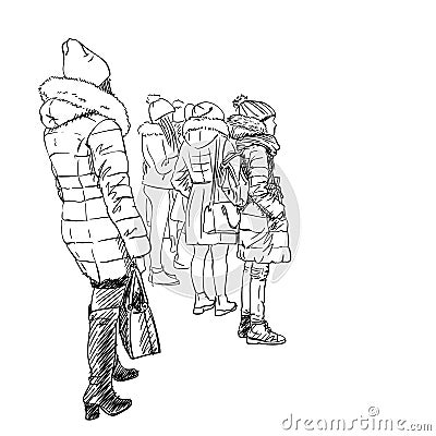 Girls in warm winter clothes, coats and hats standing and waiting, Woman on high heel boots in front, face not visible. City sketc Vector Illustration