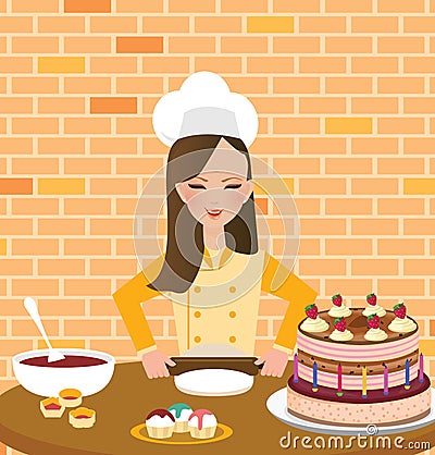 Girls woman chef cooking baking cake in kitchen wearing hat and apron Vector Illustration