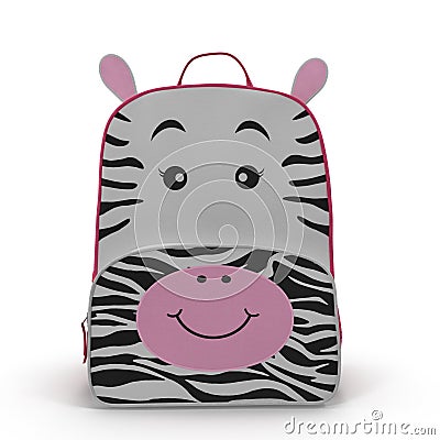 Girls Zebra School Backpack on a white. Front view. 3D illustration Cartoon Illustration