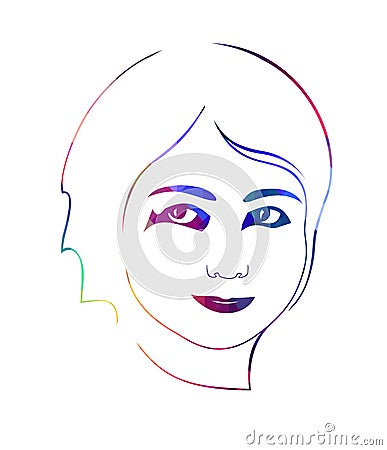 Drawn linear portrait of a smiling teenage girl on a white background. Multicolored simple vector sketch. Vector Illustration