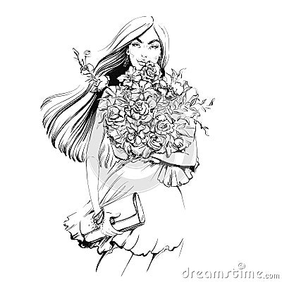 Fashion ink illustration of a girl with a bouquet. Large format. Stock Photo