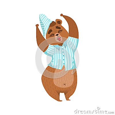 Girly Cartoon Brown Bear Character In Pyjamas Stretching And Yawning Illustration Vector Illustration