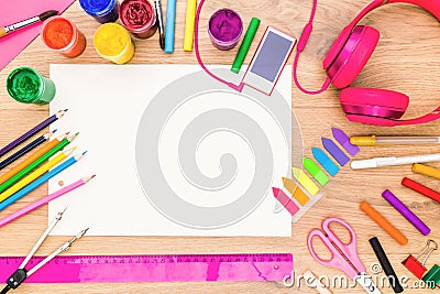 Girly desktop with drawing tools Stock Photo