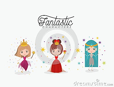 Girly fantastic character set of queen fairy and elf princess on white background Vector Illustration