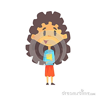 Girly Girl With Long Dark Hair Holding Books, Primary School Kid, Elementary Class Member, Isolated Young Student Vector Illustration