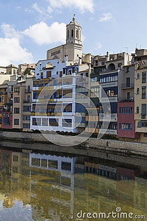 Girona cathedral landmark with houses river reflection Stock Photo