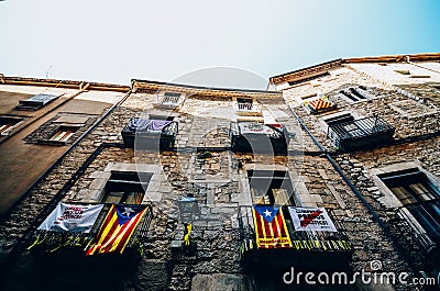 Catalonia Independence Flags on balconies in Girona, Catolonia, Spain Editorial Stock Photo