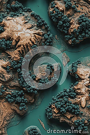 A GIS visualization on a 3D terrain map with forest and river data overlays. Stock Photo