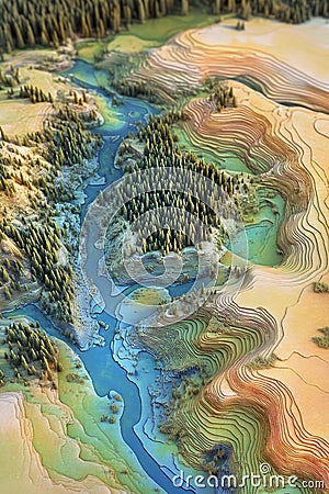 A GIS visualization on a 3D terrain map with forest and river data overlays. Stock Photo