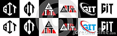 GIT letter logo design in six style. GIT polygon, circle, triangle, hexagon, flat and simple style with black and white color Vector Illustration