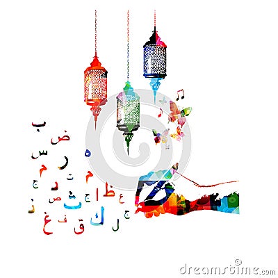Colorful Arabic Islamic calligraphy symbols with Ramadan lamps and hand holding pencil vector illustration Vector Illustration