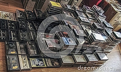 Audio cassette collection on the floor Editorial Stock Photo
