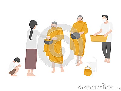 Give alms, People Make merit by offering food to monks Vector Illustration