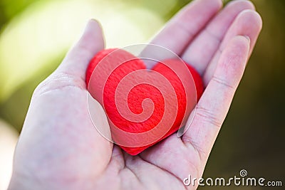 Give Love Man holding small red Heart in hands for love Valentines day Donate Help Give love warmth take care Stock Photo