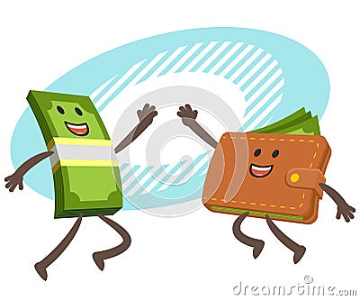 Give me high-five! Money character and wallet character giving high-five Vector Illustration